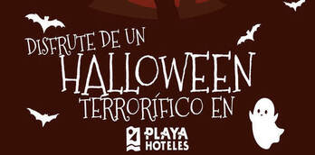 Cartel Halloween Terrorífico en Playa Hoteles en color marrón con un fantasma y murciélagos de fondo