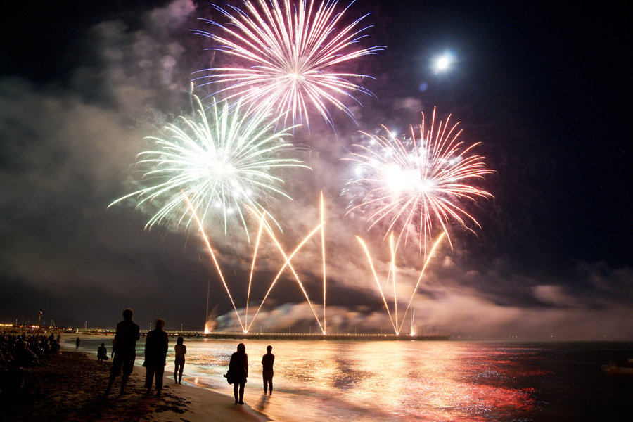 Midsummer Night, Fireworks By The Sea at the beach 